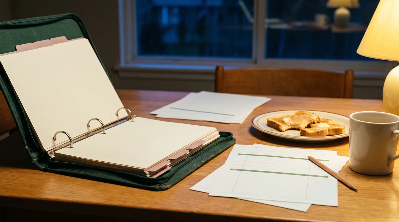 An open green binder, portfolio pages and half-eaten toast on a warmly lit dining table