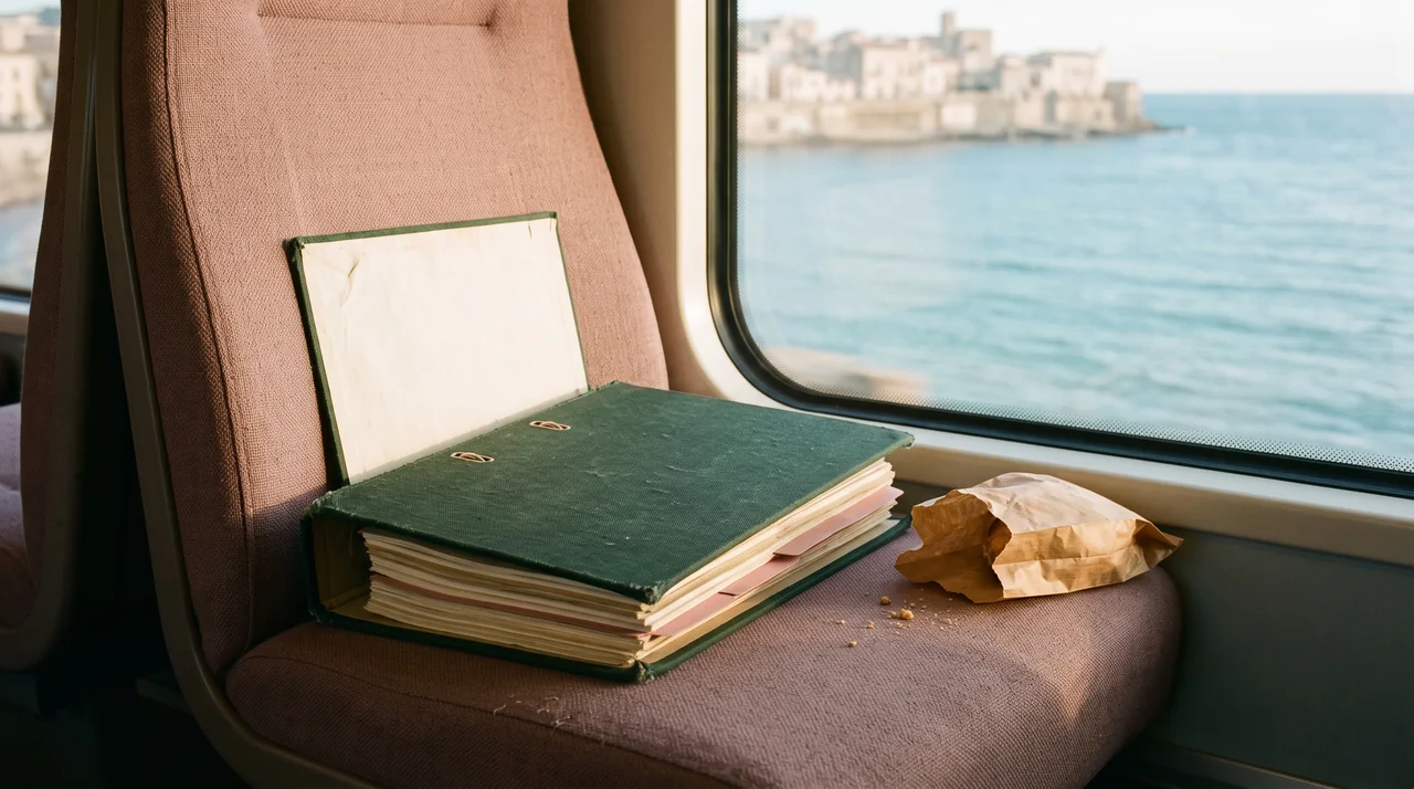 A green binder and a pastry bag sharing an empty train seat beside a coastal view