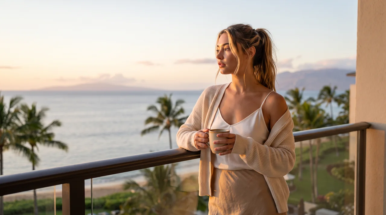 Audrey on a Maui balcony at dawn holding coffee