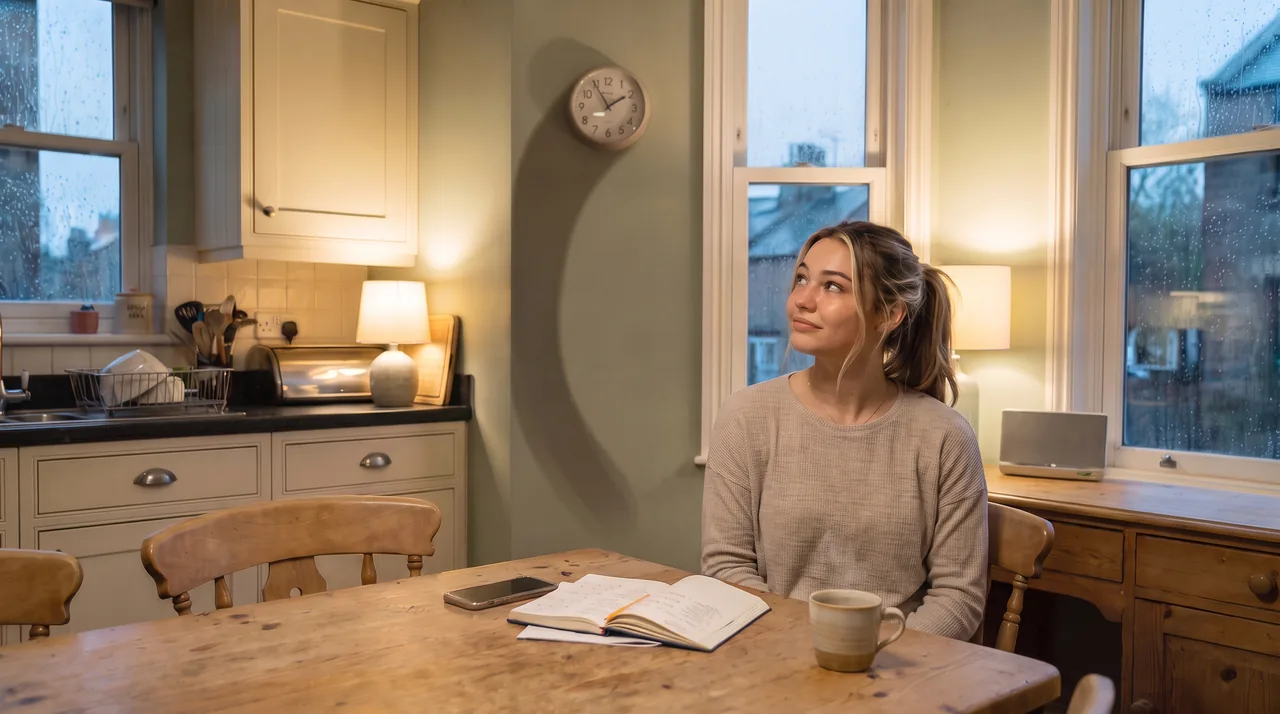 Audrey beside an open notebook, a kitchen clock and a cup of tea