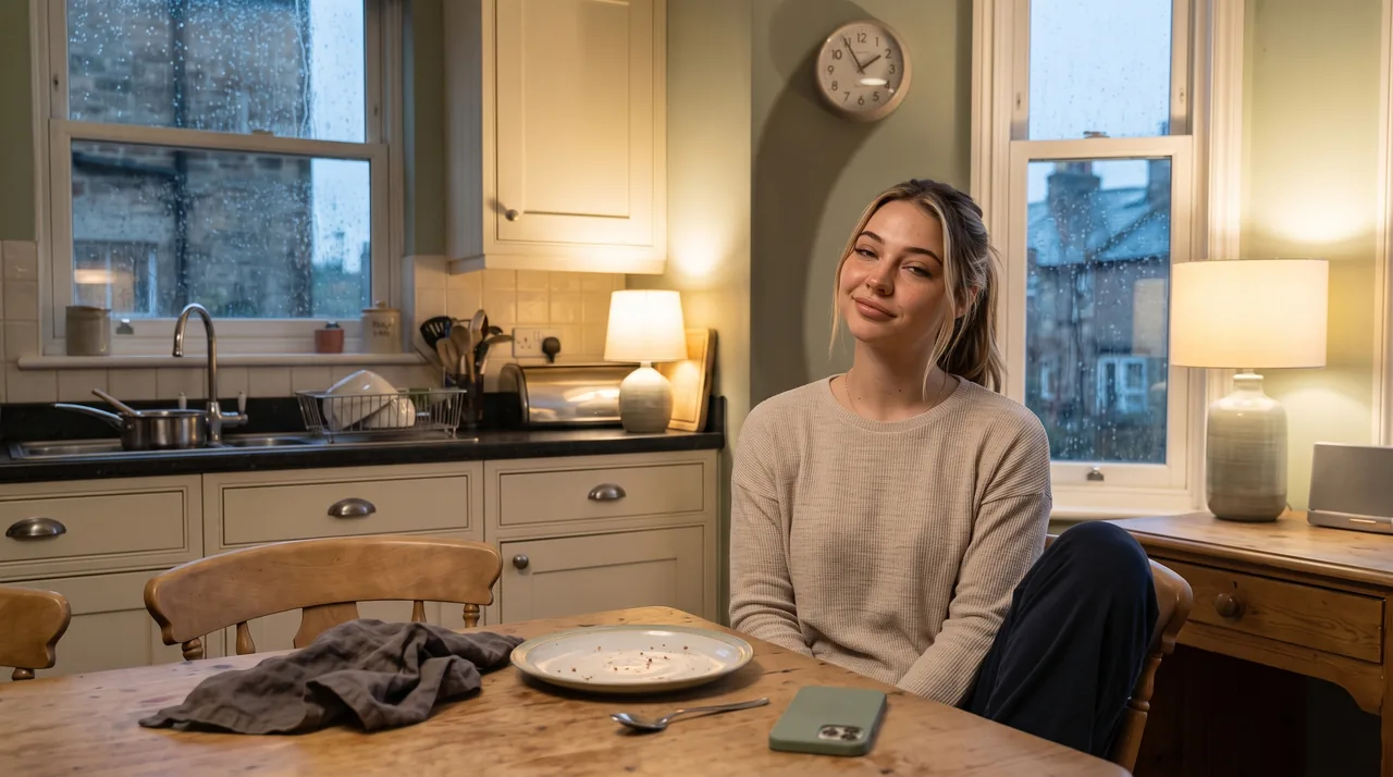 Audrey pauses at the unfinished kitchen table, her phone face down and dishes waiting in the sink