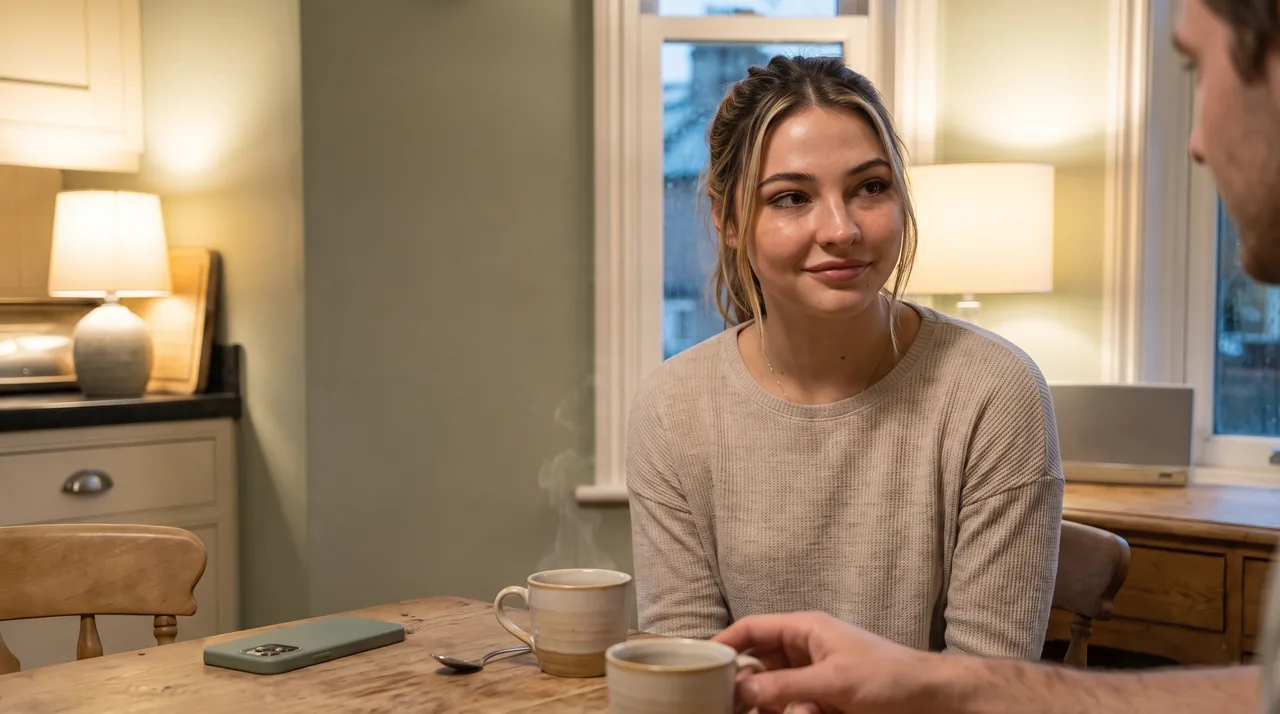 Audrey listens across two cups of tea, her phone face down on the wooden table