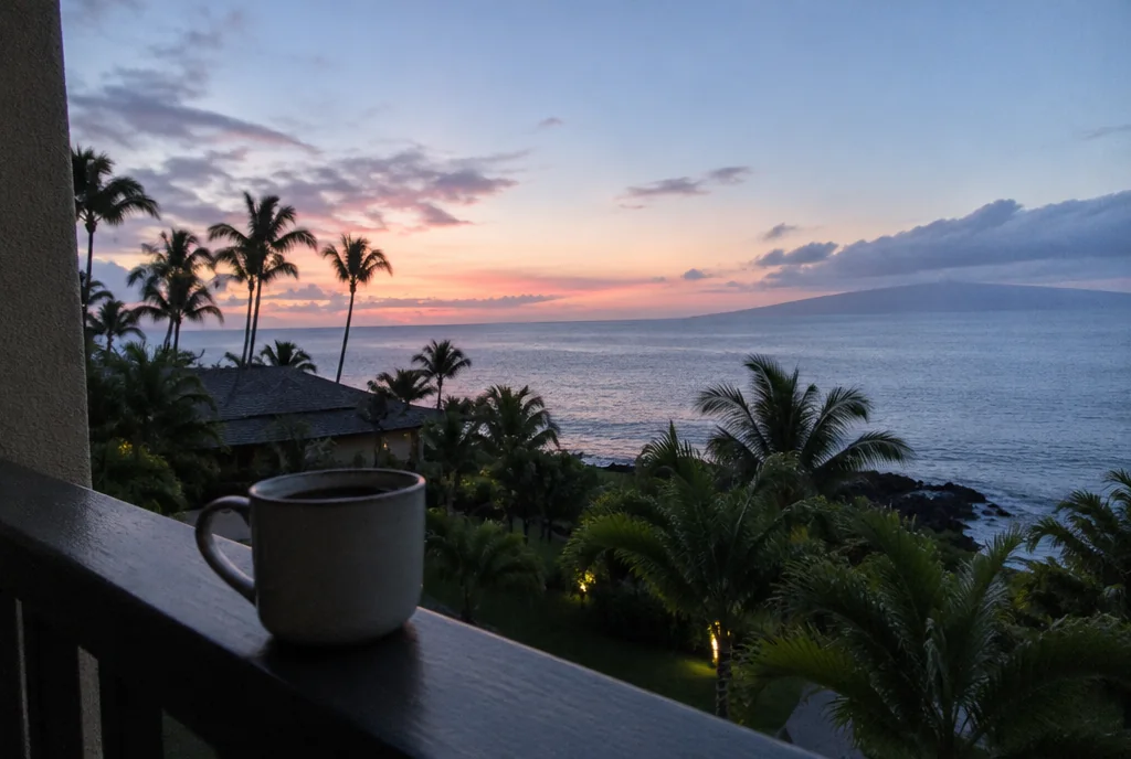 A quiet Maui resort balcony at dawn with a coffee cup overlooking the ocean
