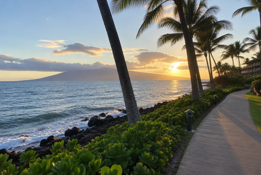 A quiet palm-lined oceanfront path in Kaanapali in late-afternoon light