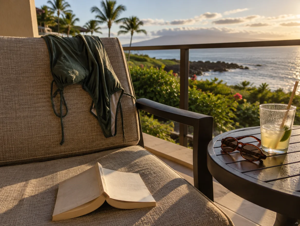 A paperback book, damp swimsuit, sunglasses and a cold drink on a quiet Maui lanai