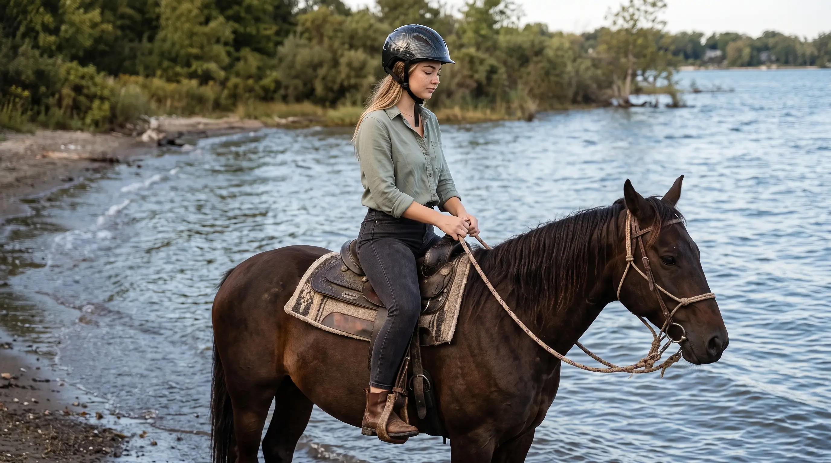 Audrey in a sage riding shirt and black helmet, seated on a dark bay horse beside the lake.