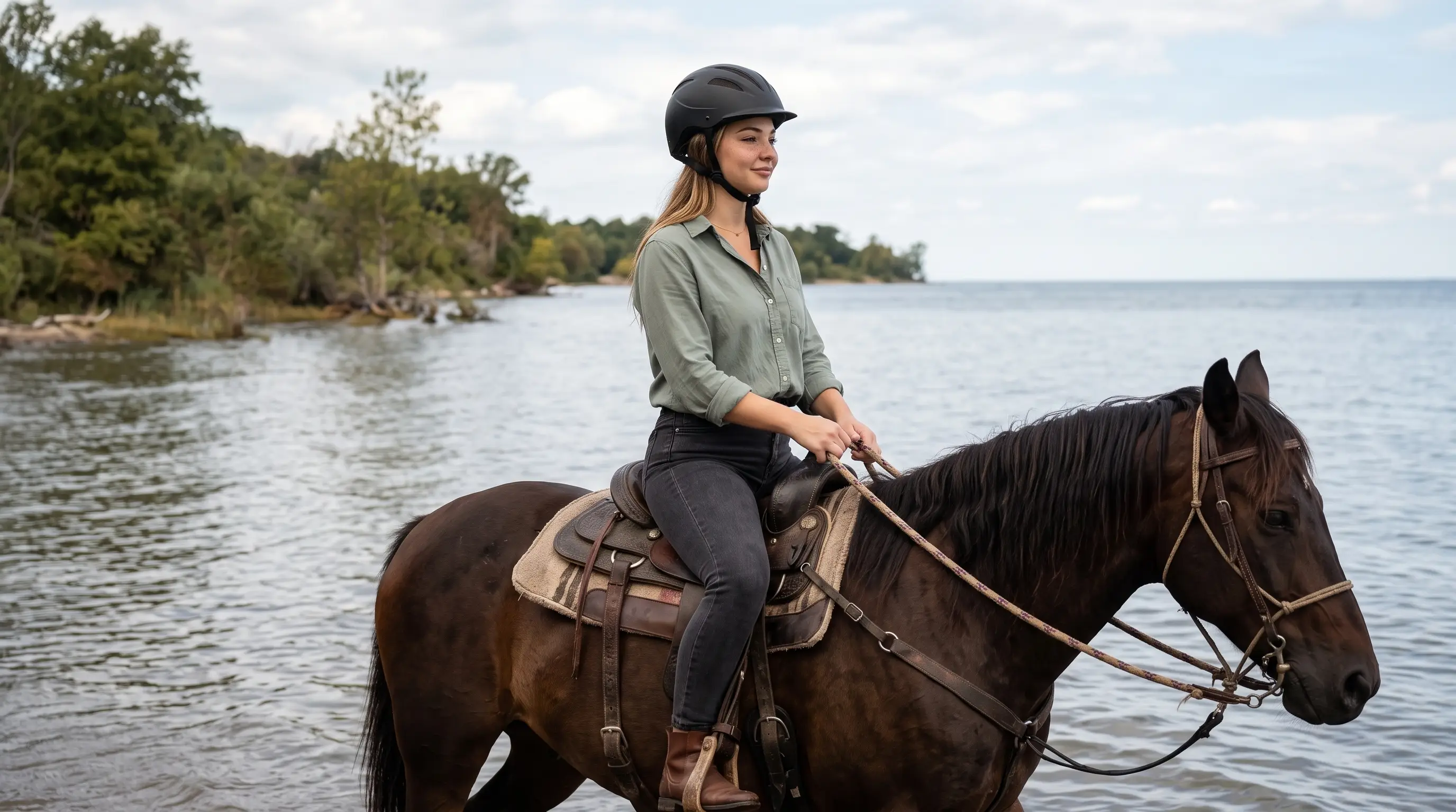 Audrey looking across the water from the saddle in a quiet lakeshore moment.