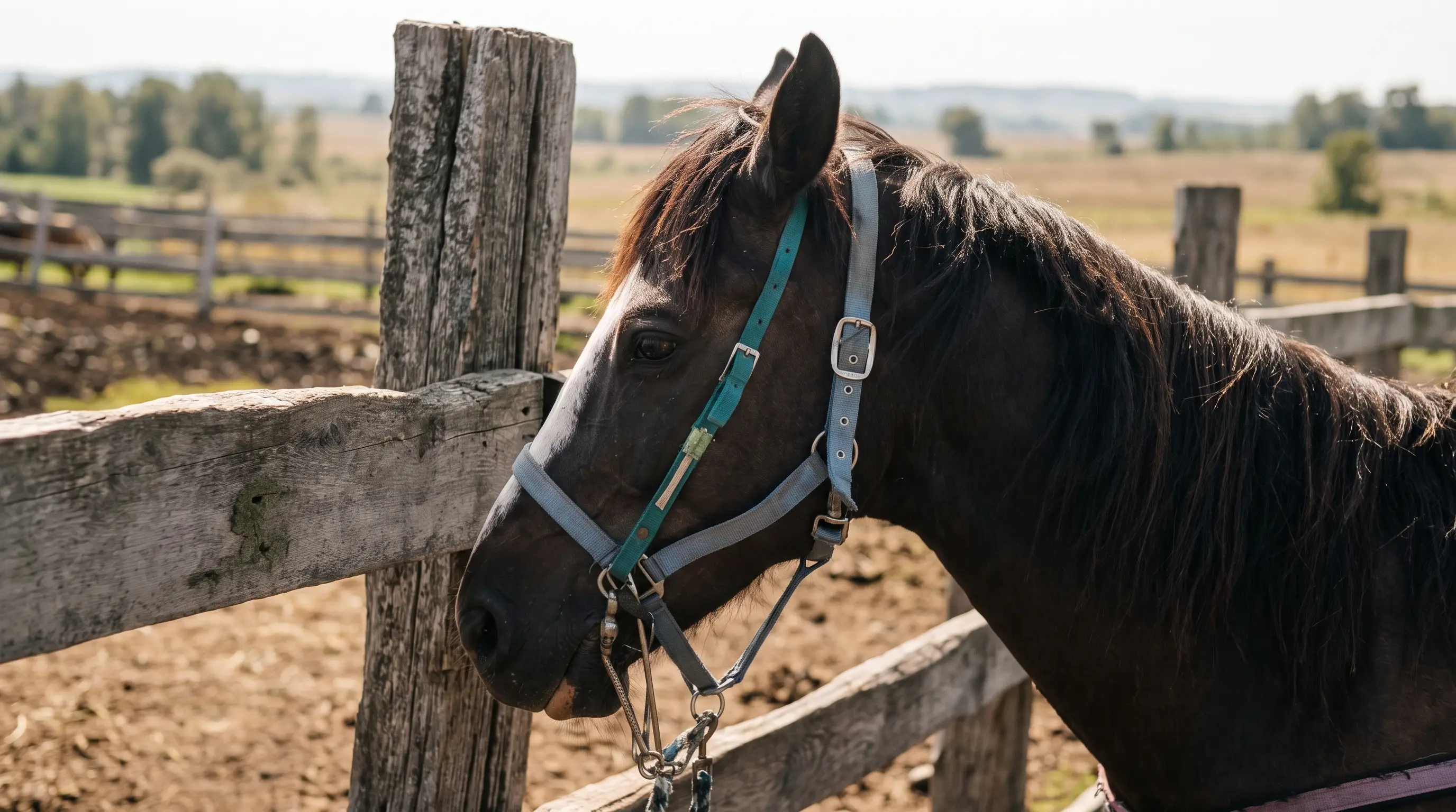 A dark bay horse with one ear turned beside a weathered paddock fence.