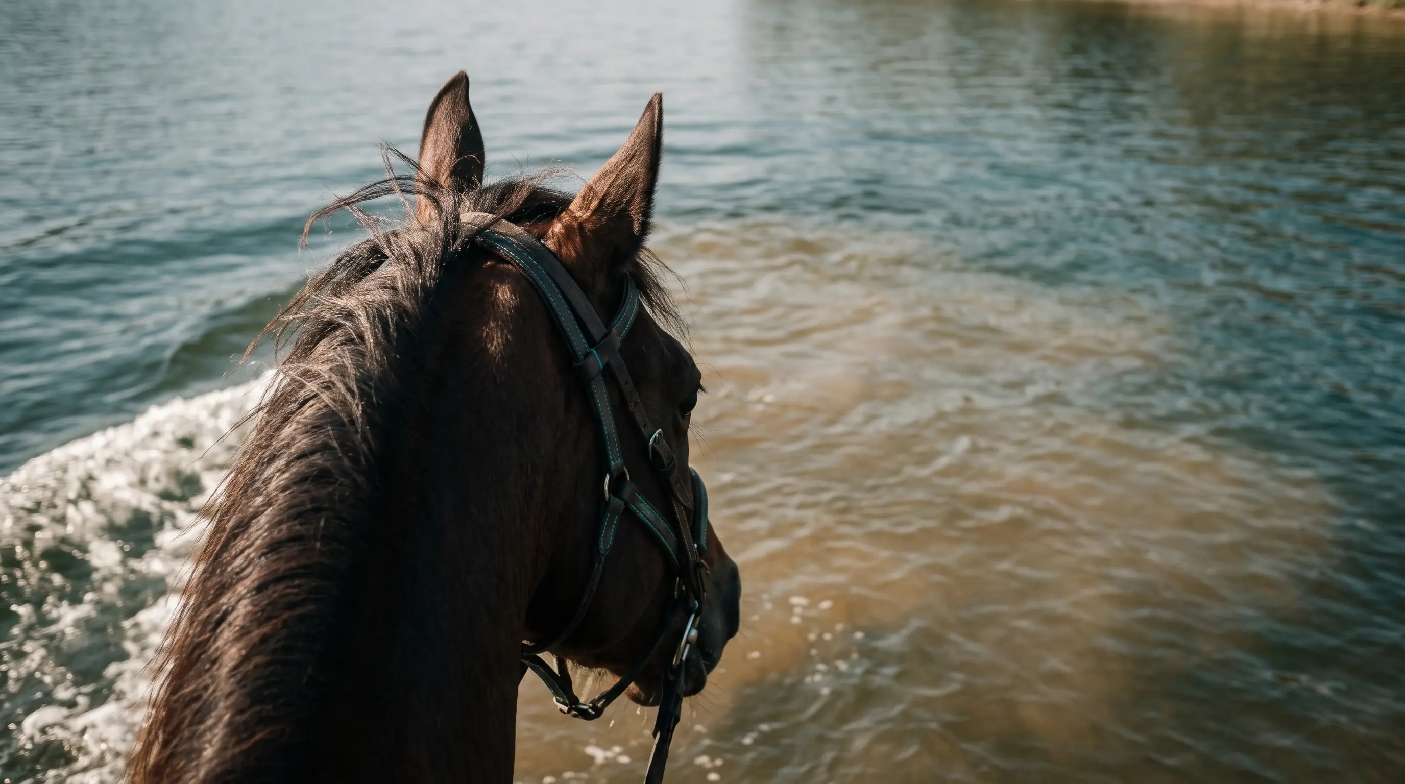 A close view past the horse’s ears and mane towards small waves in the shallows.