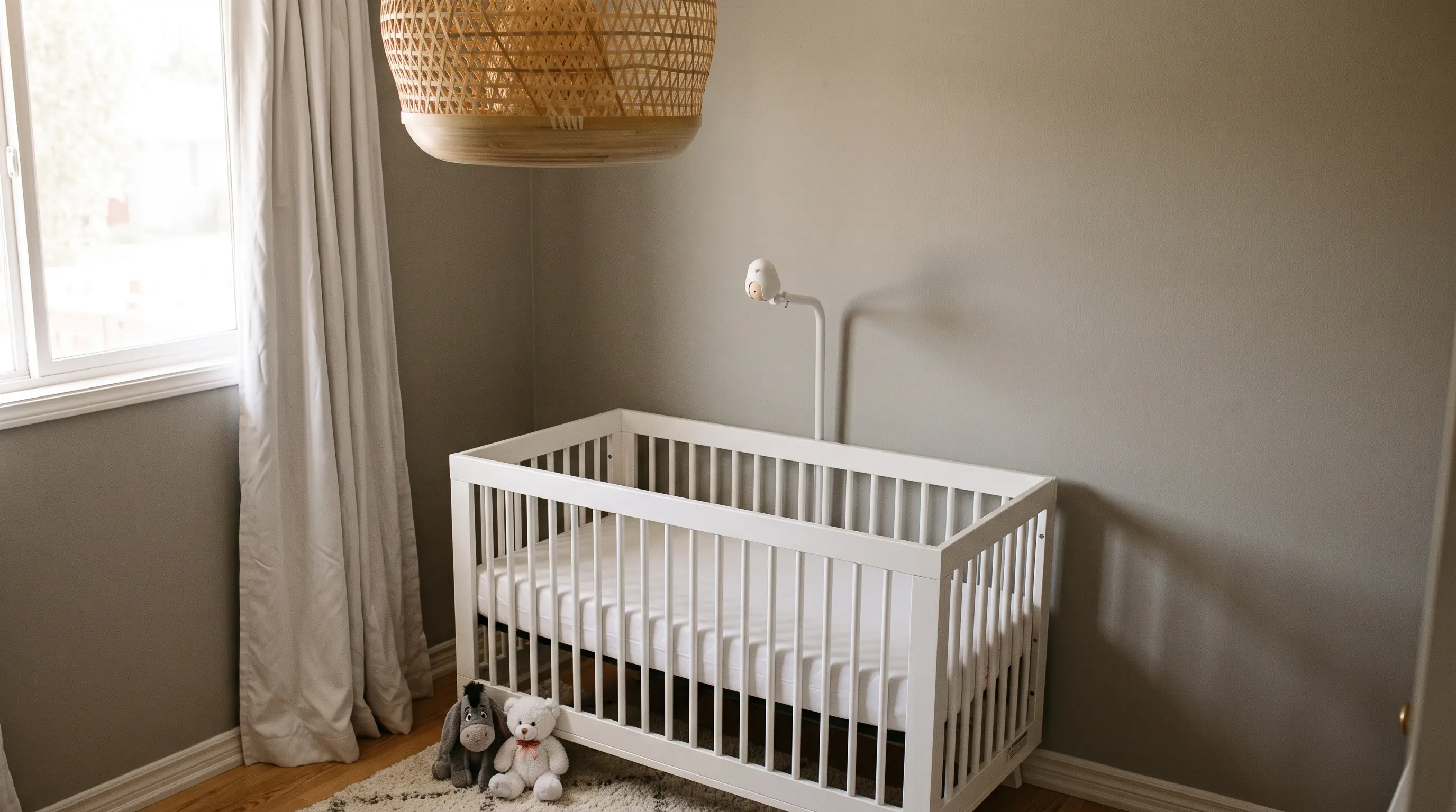 The white crib and bird-shaped monitor beneath a woven bamboo pendant, beside the nursery window.